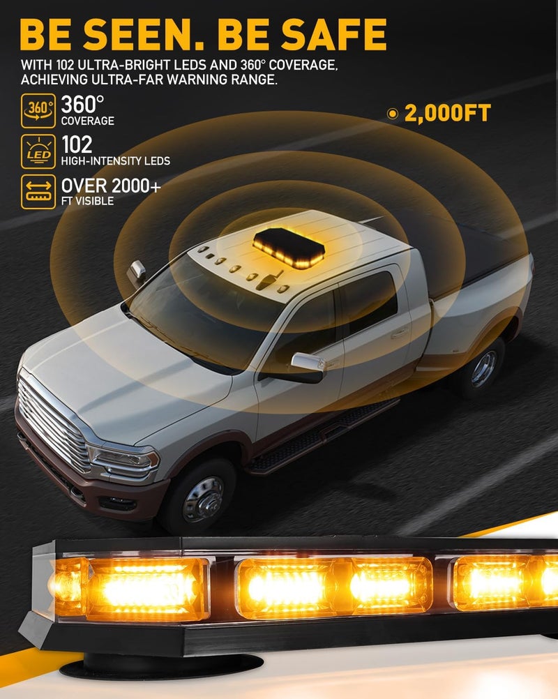 HLauto 406D Rooftop Emergency Strobe Lights Bar, 102 LED Amber Mini Beacon Safety Flashing Warning Traffic Lights Bar w/Magnetic Base for 12-24V Trucks, Construction Vehicles, Snowplow, Cars - Image 3